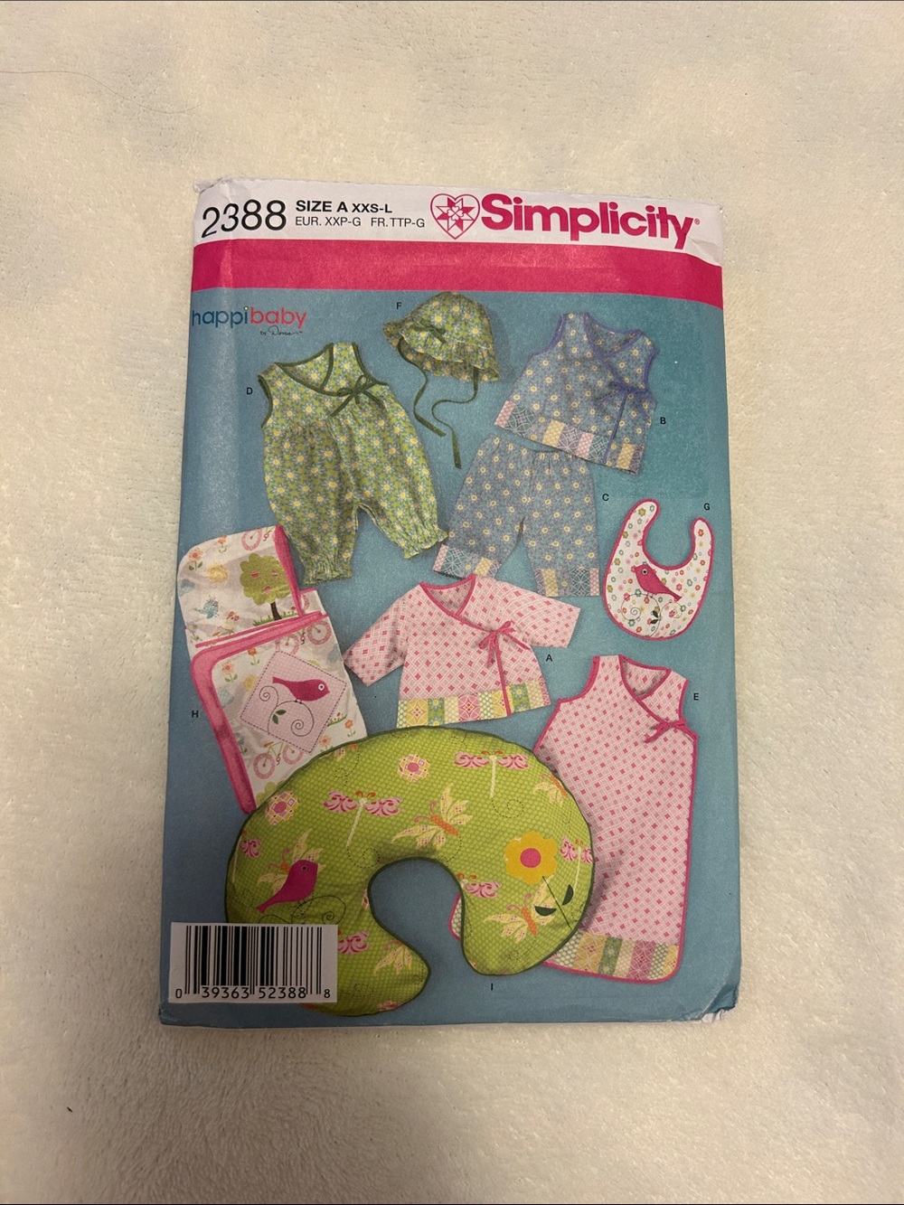 Uncut Simplicity Pattern 2388 Happy Baby Babies' Layette and Hat Size A XXS - L